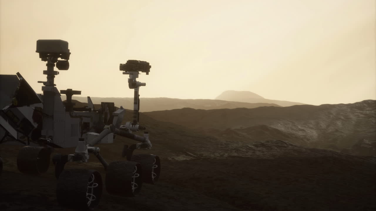 Mars Curiosity -mönkijä tutkii kivistä maastoa auringonlaskun aikaan
