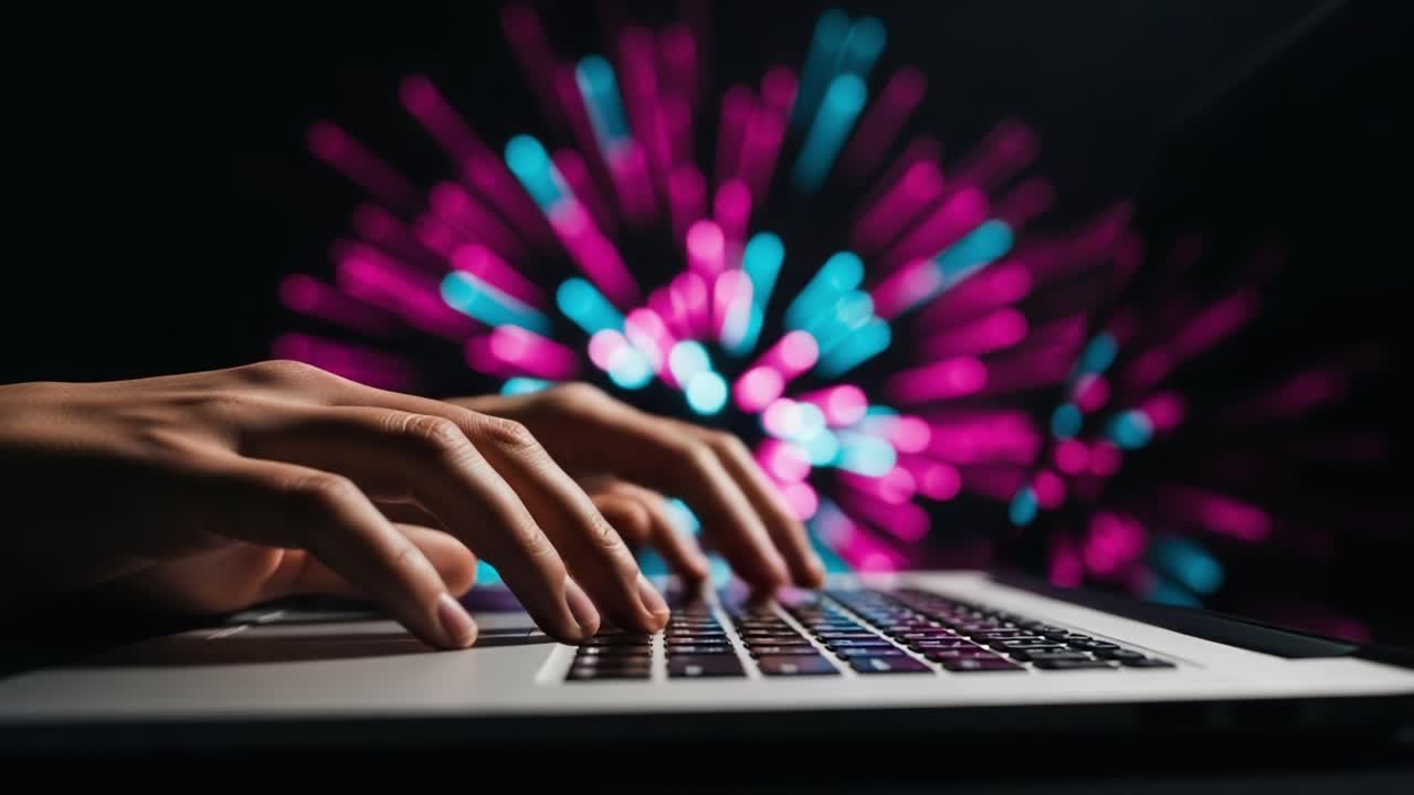 Dynamic Keyboard Interaction: A Close-up View of Hands Typing on a Laptop Amidst Vibrant and Colorful Light Patterns in the Background