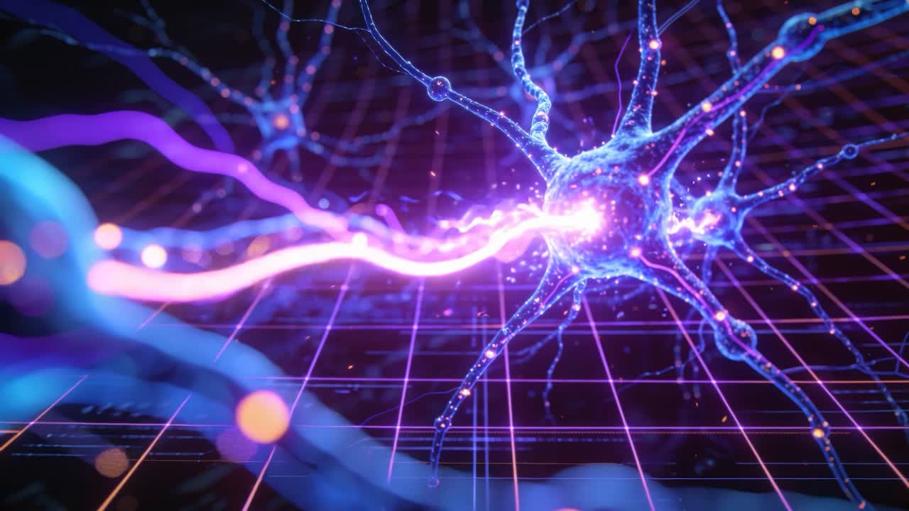 Pulsing blue neuron receiving purple pulse from left on neon grid, activating network connections