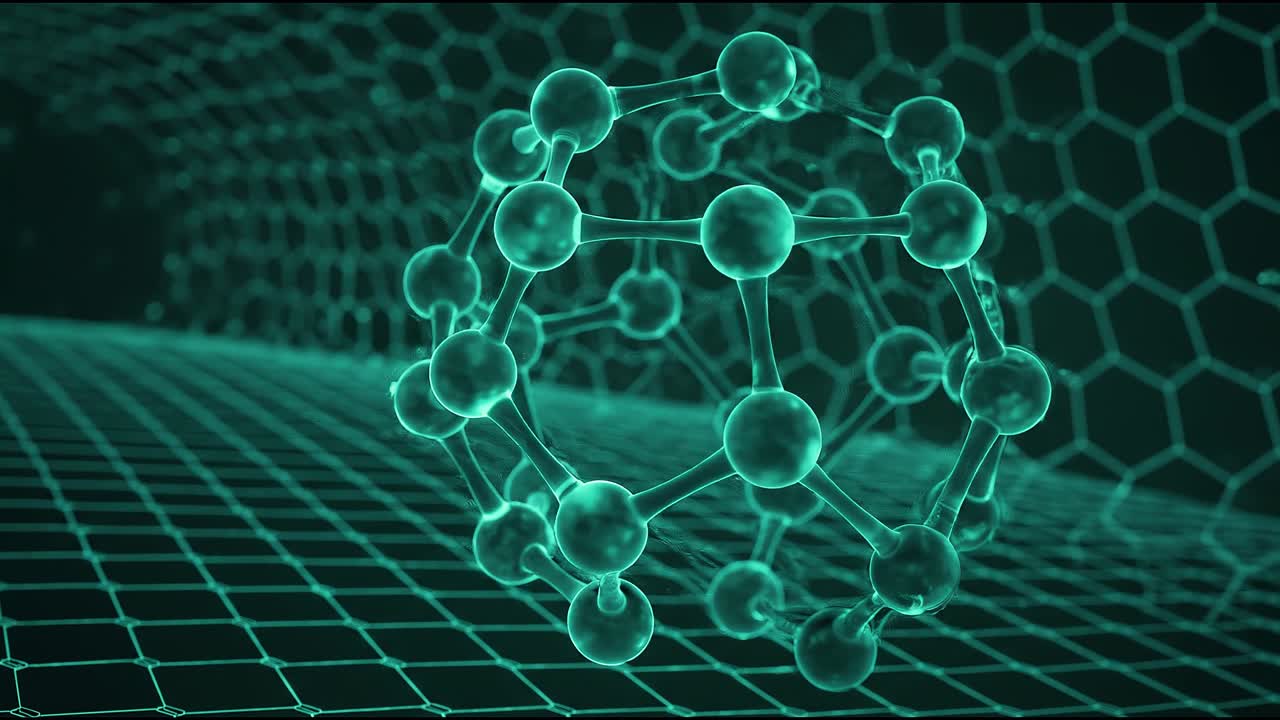 Glowing molecular ring structure floating above hexagonal grid representing nanomaterials and advanced chemistry