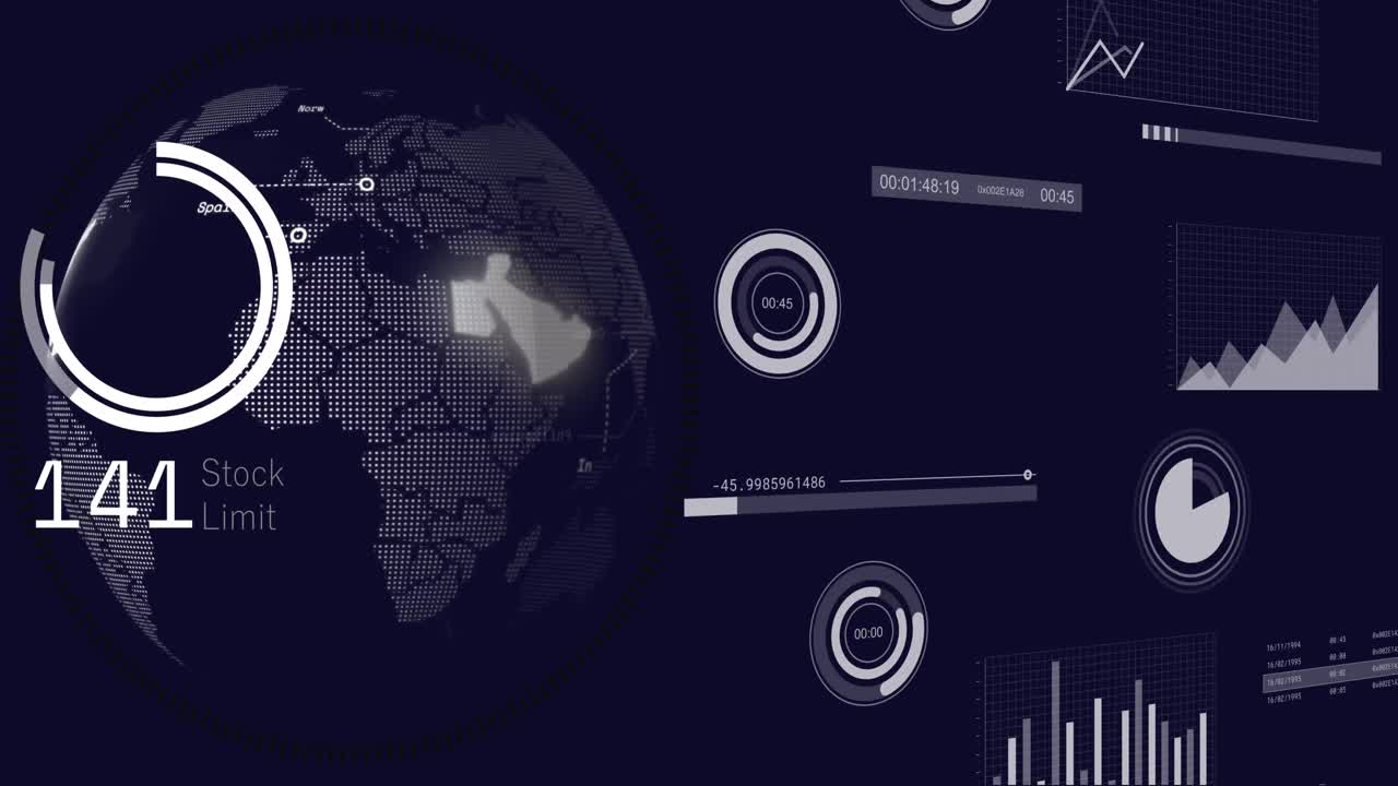 Animation of statistics and data processing over globe in background