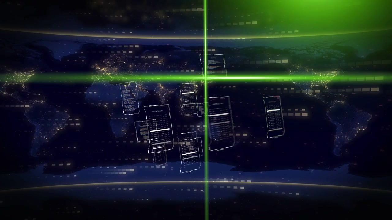 Una scansione verticale verde neon che inizia da sinistra, mostrando pannelli HUD che ruotano, convergono e indicizzano un globo.