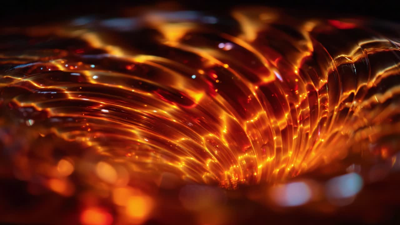 Accattivanti modelli vorticosi di luce che si riflettono su un vortice di colori ambrati dorati in una superficie fluida scintillante, creando un'esperienza visiva ipnotica