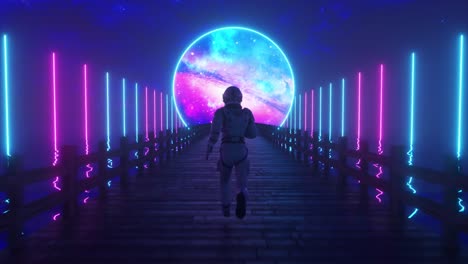 astronaut running across a neon-lit bridge to a cosmic portal