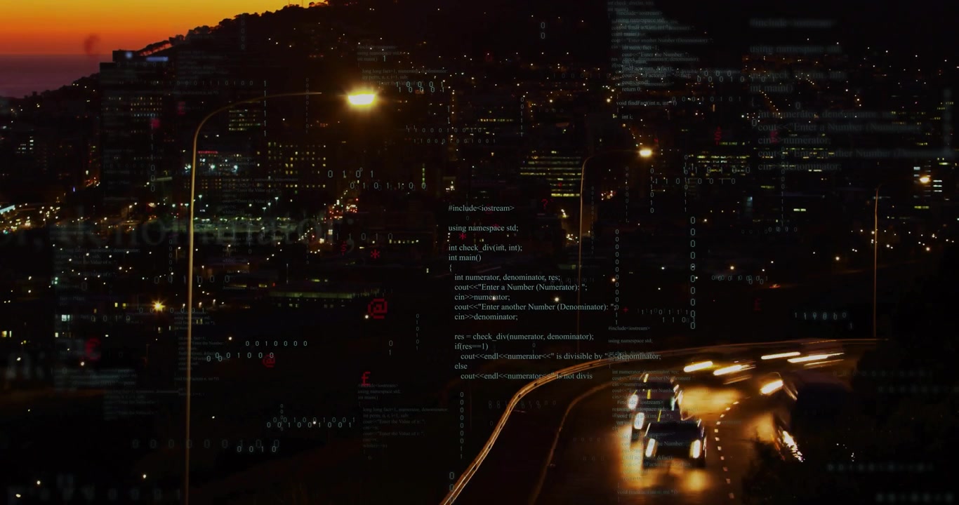 As headlights appearing on hillside highway overlooking city code fragments drifting to show flow