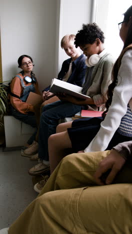 diverse group of young students reading and waiting indoors