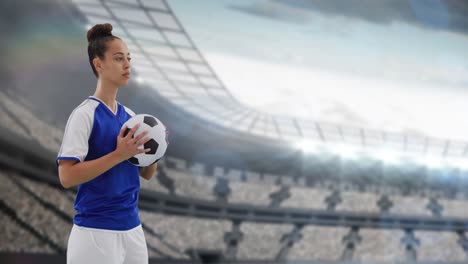 Animation-of-biracial-female-soccer-player-over-stadium