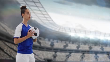 animation of biracial female soccer player over stadium