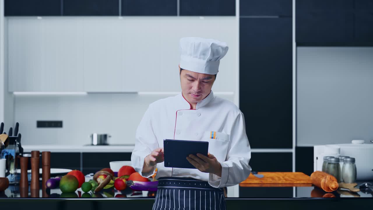cocinero asiático usando una tableta mientras está de pie en la cocina de casa