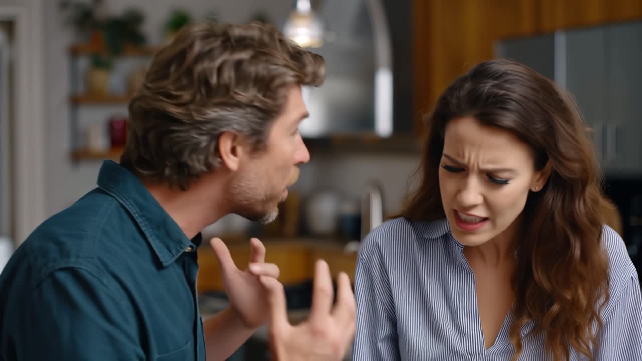 Wütendes Paar streitet in einer hellen Küche. Die Frau gestikuliert, die Stimme ist erhoben, die Augen sind wütend. Der Mann steht ihr angespannt gegenüber, die Hände offen. Die Emotionen erreichen in diesem angespannten häuslichen Moment ihren Höhepunkt.