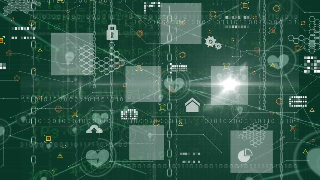 Animation of network of connections over data processing on green background