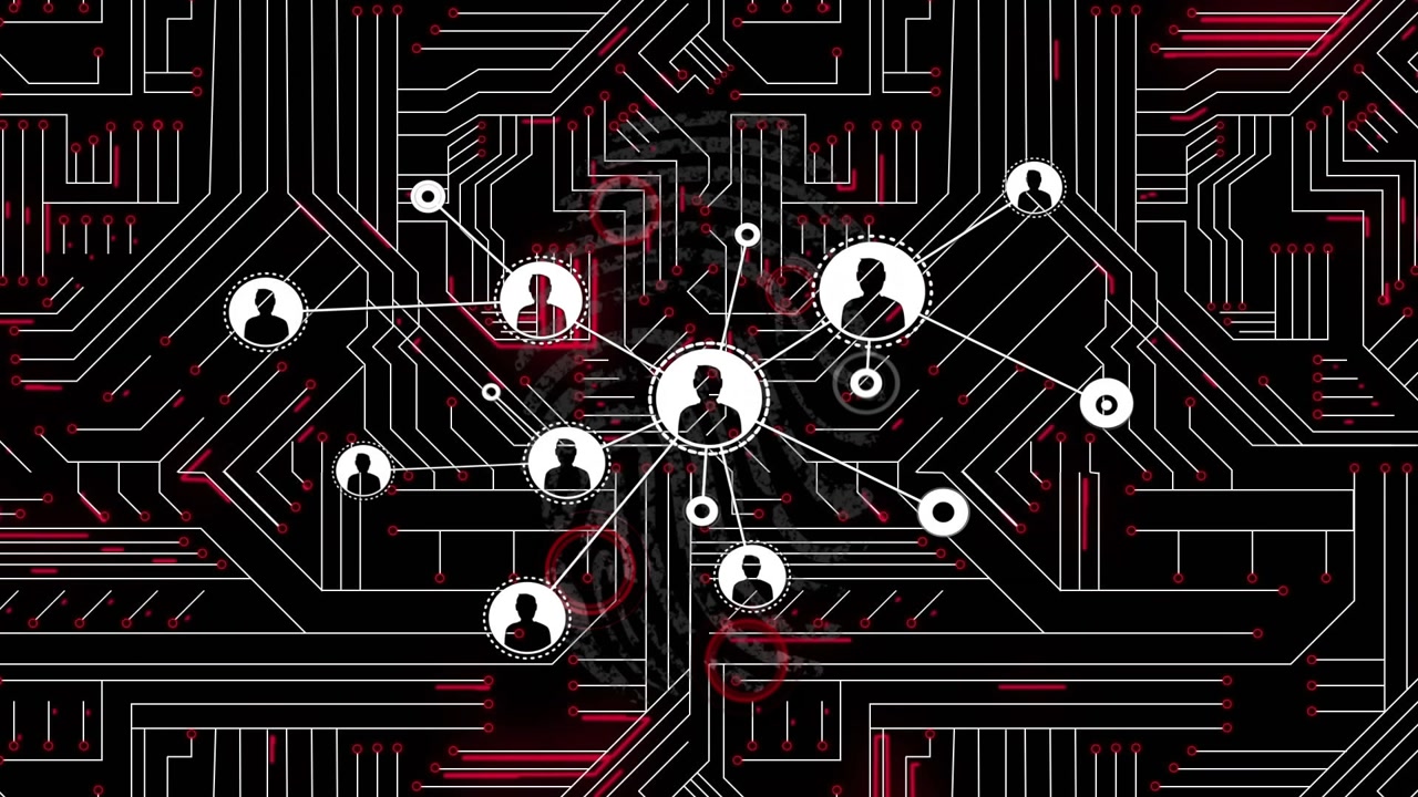 Red glows reaching central node starting connectors, linking user icons, showing data flow