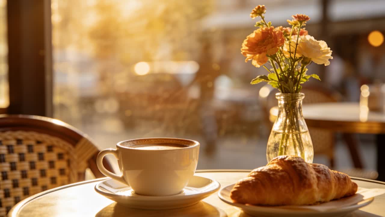 Tráfego passando mudando a incidência do sol, banhando a mesa do café com xícara branca com pires, croissant e vaso de vidro.