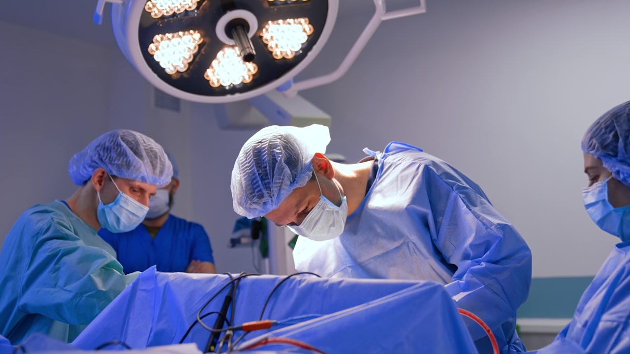 Chirurgo maschio attento chinato sul paziente che esegue l'intervento chirurgico. Il medico porge gli strumenti usati agli assistenti che aiutano nell'operazione neurochirurgica.