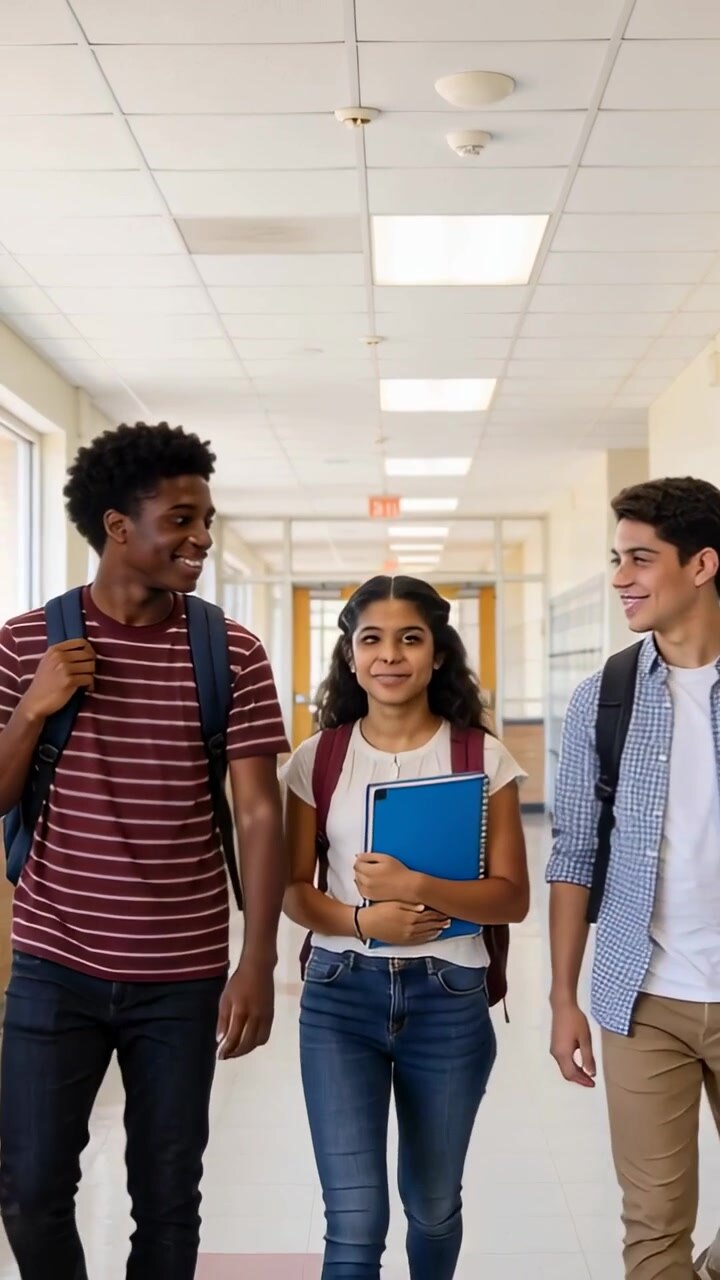 Vertical video: Entering 3 kids in tees walking between classes with packs blue binder noting hand
