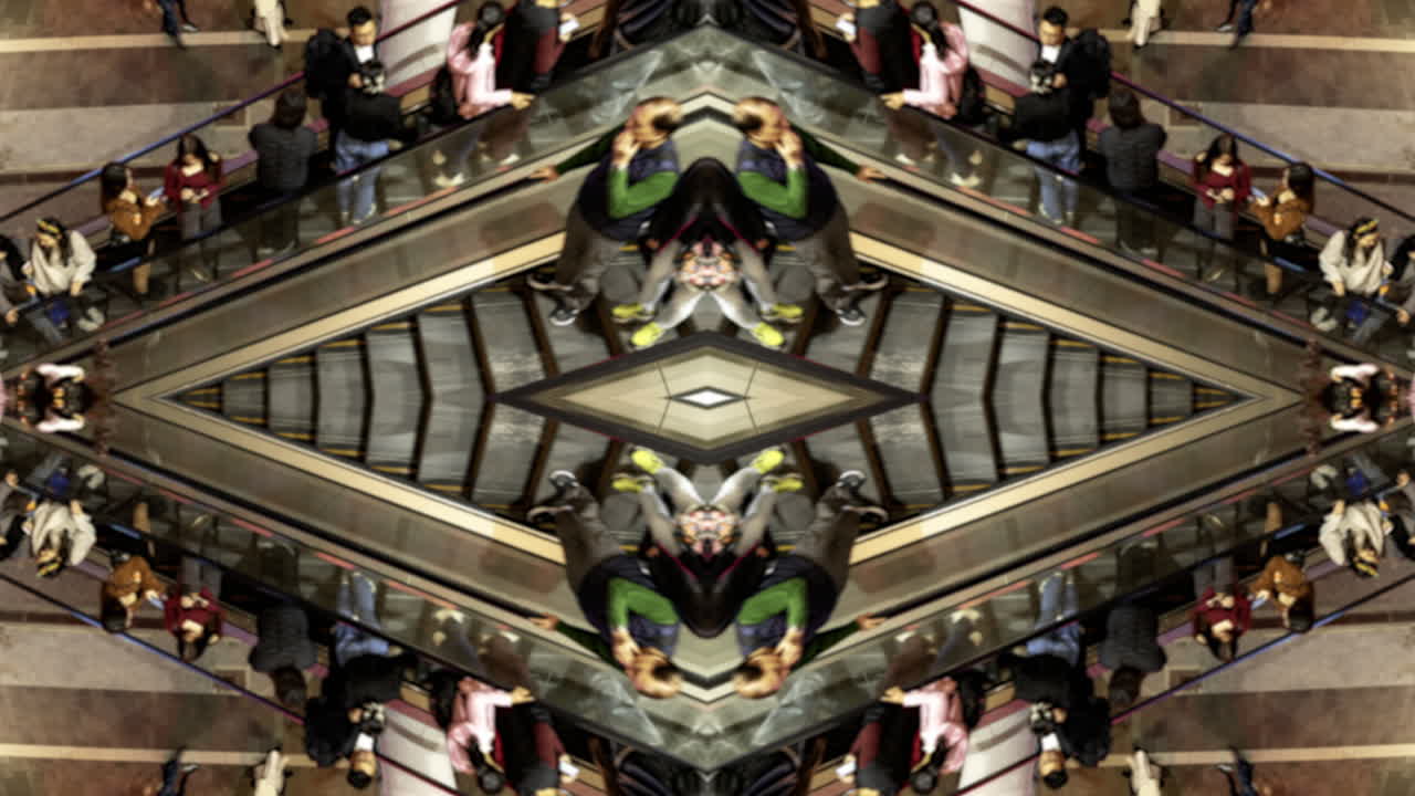 Overhead Kaleidoscopic View of Busy Escalators with Moving People