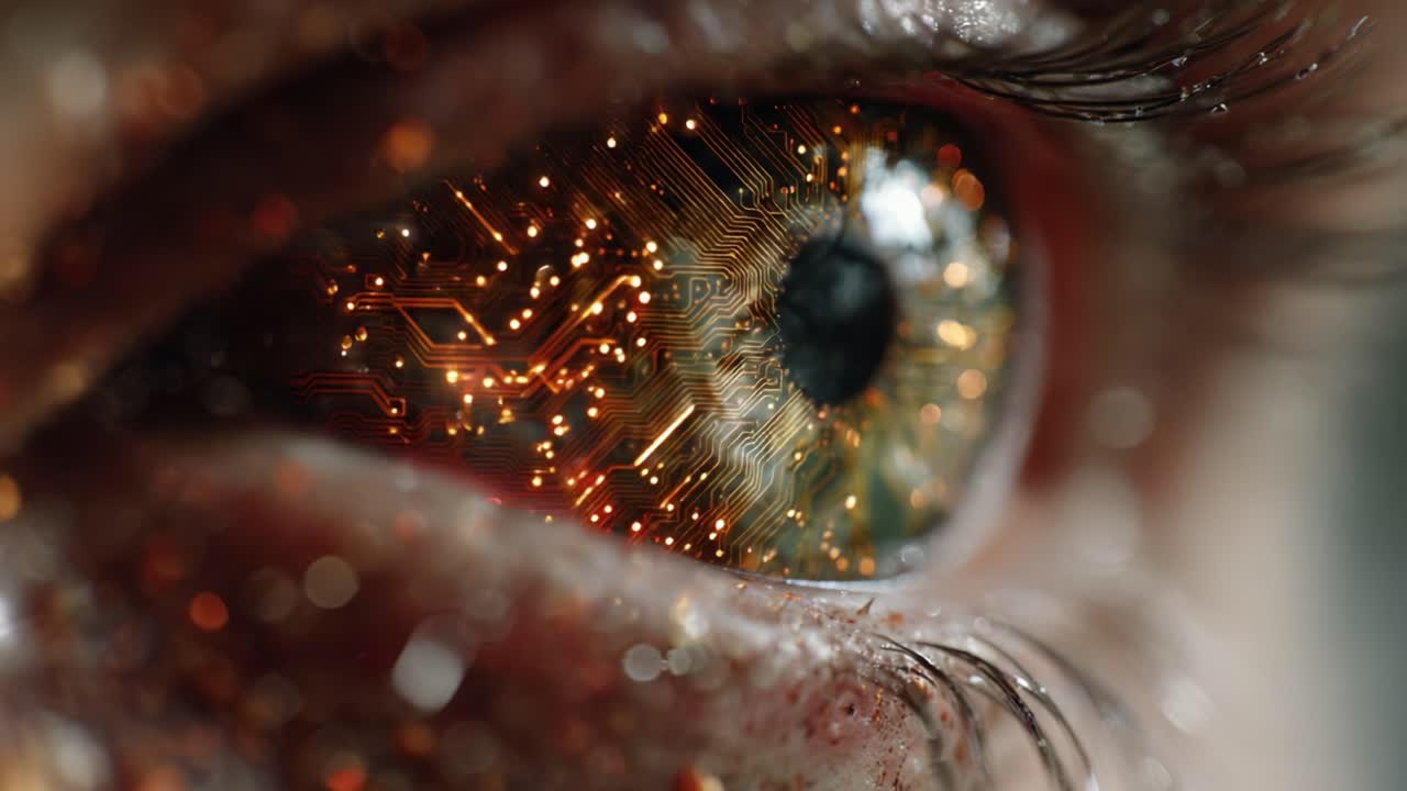 A Surreal Fusion of Biology and Technology: A Close-Up of an Eye Featuring Intricate Circuit Patterns and Glowing Elements, Symbolizing the Intersection of Humanity and Innovation