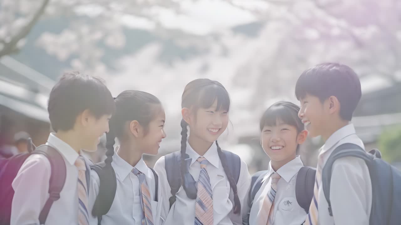 Cheerful elementary school students in uniforms sharing a lighthearted moment beneath blooming pink cherry blossoms, radiating youthful friendship and joy during springtime break