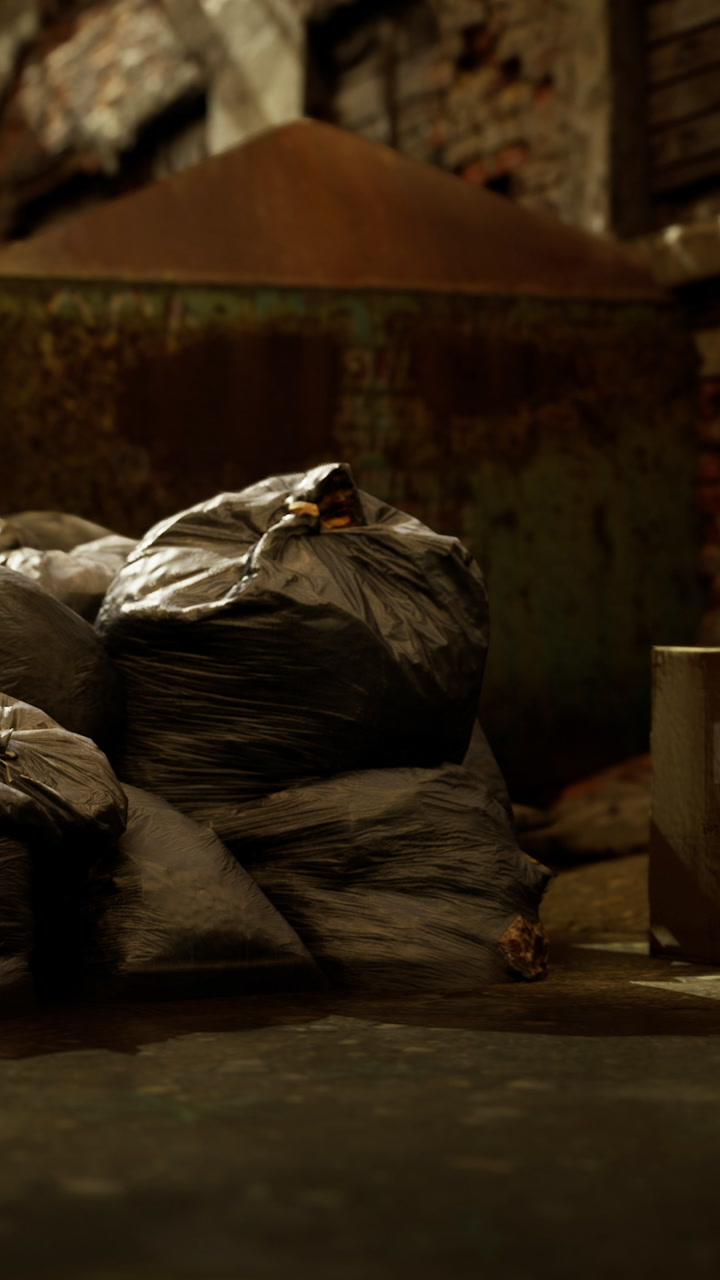 Crumbling alley filled with discarded trash and forgotten items at dusk