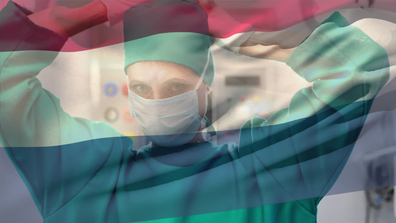 병원에서 수술 마스크를 착용한 백인 여성 외과 의사 위에 네덜란드 발을 흔들고 있는 애니메이션