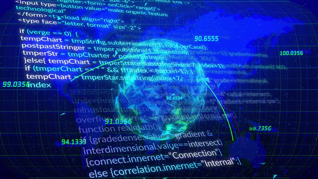 Arc tracing above polygonal globe starting data flow, globe rotating, code scrolling, showing data