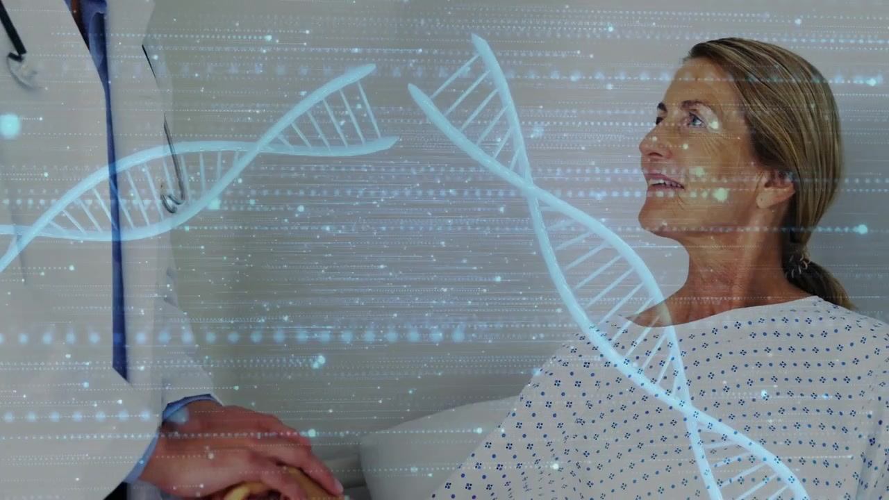 Medico che avvia una consultazione al letto del paziente, parlando e toccando, il paziente si rilassa, con una sovrapposizione di DNA che guida la salute