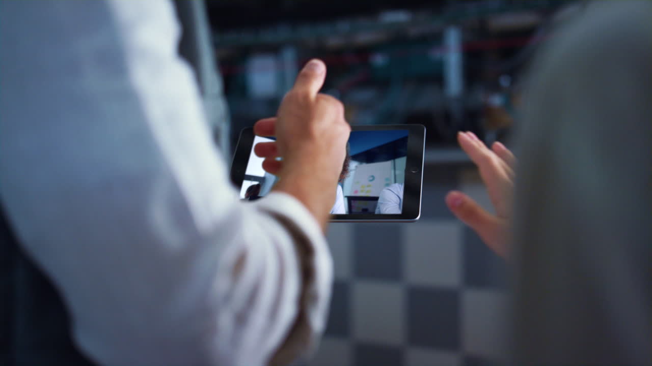 Partners talking video chat to smartphone web camera close up. Calling online