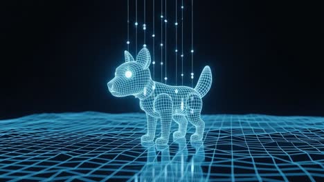 a stunning digital representation of a wireframe puppy character in a neon blue paradigm, showcasing a dynamic visual with intricate details and motion elements
