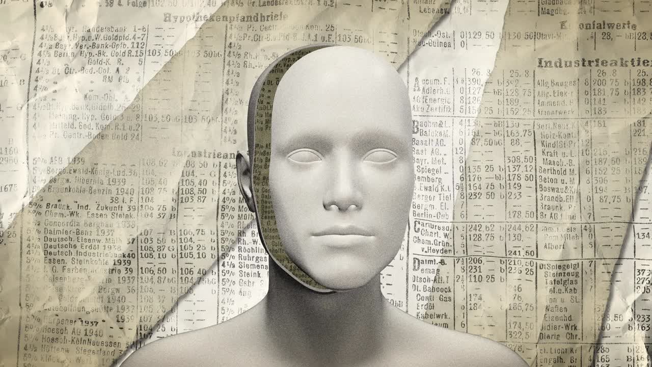 신문 요소와 함께 인체 추상 예술 개념: 창조적 인 현대 스 모션 스타일의 현실적인 3d 캐릭터 남자 또는 여자; 그래픽 다채로운 사이키델릭 디자인; 밝은 패션 루프 애니메이션.