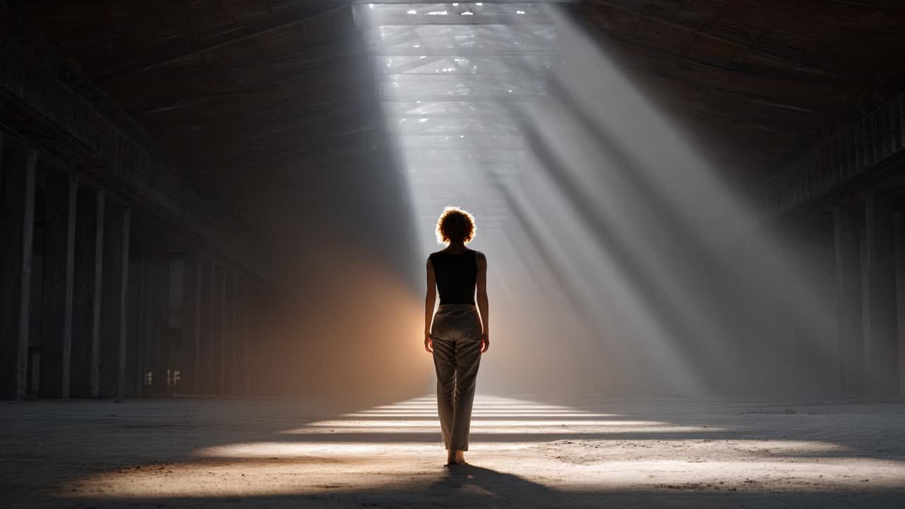 A woman walking towards the light in a warehouse