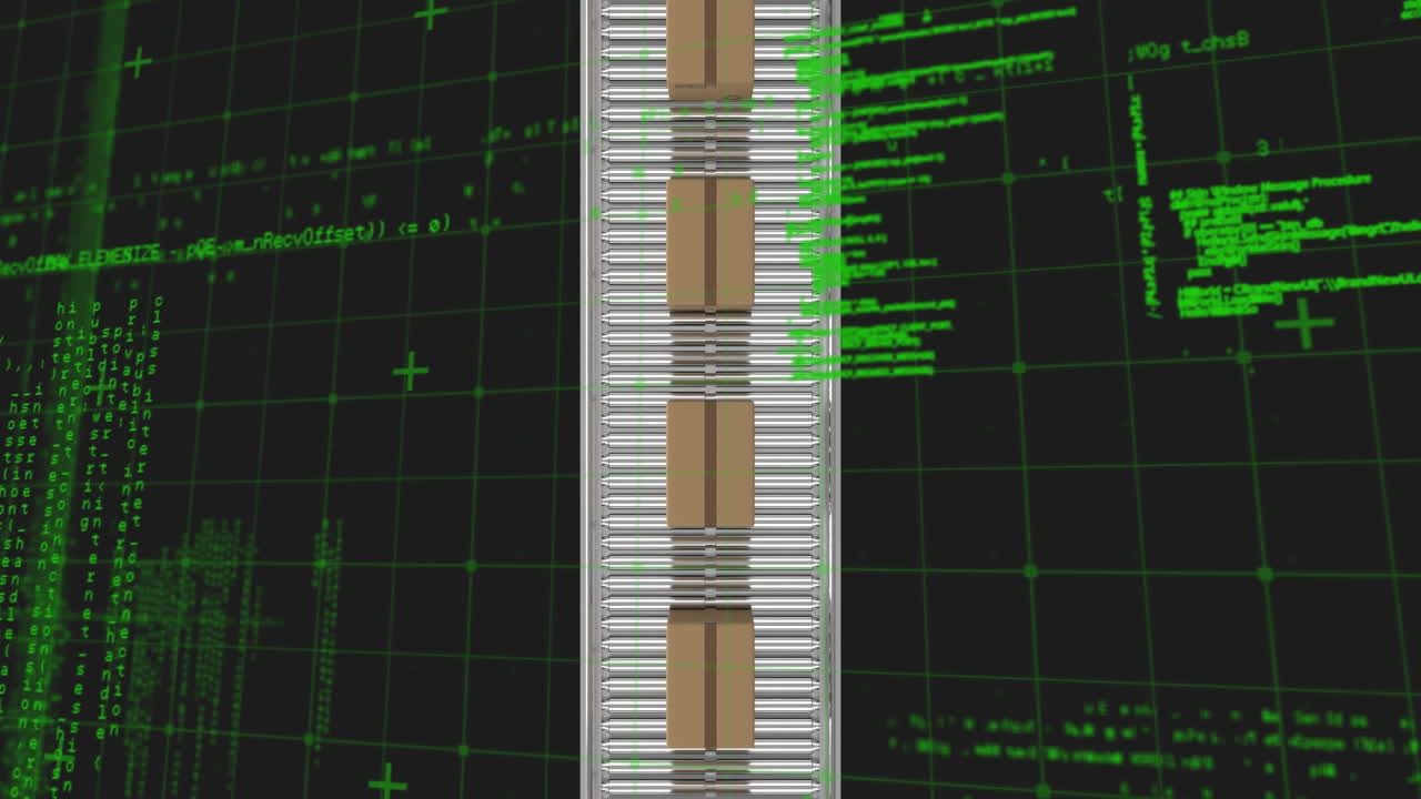 검은색 배경에 대한 컨베이어 벨트에 있는 카드보드 상자 위의 컴퓨터 언어의 애니메이션