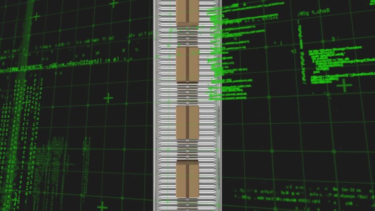 Animation af computersprog over papkasser på transportbånd mod sort baggrund