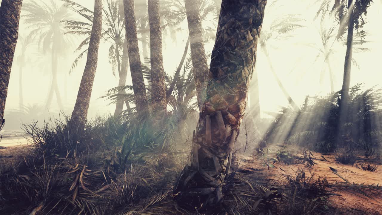 palmeras de coco en la profunda niebla de la mañana
