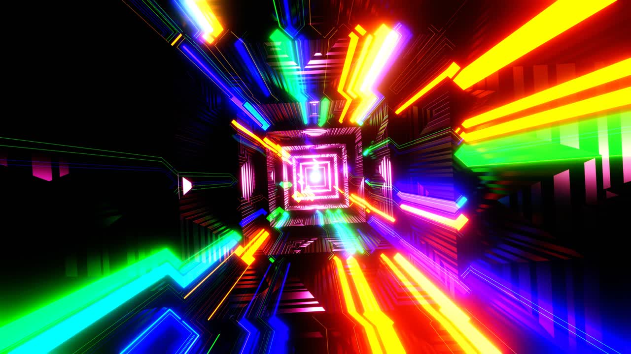 4k loop animazione 3d. linee di neon astratte si muovono nello spazio. sfondo futuristico. traffico di neon