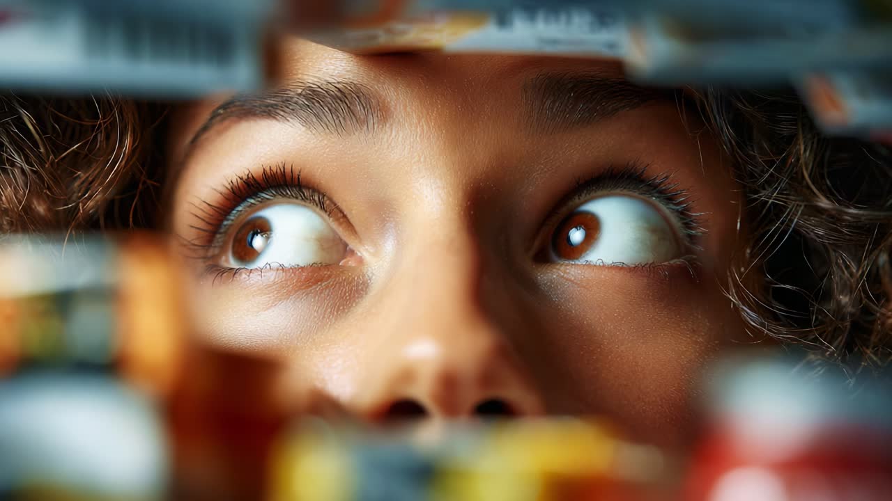 A young person peers intently through the shelves of a pantry, their eyes wide with curiosity and intrigue, surrounded by colorful jars and food containers, reflecting a moment of discovery