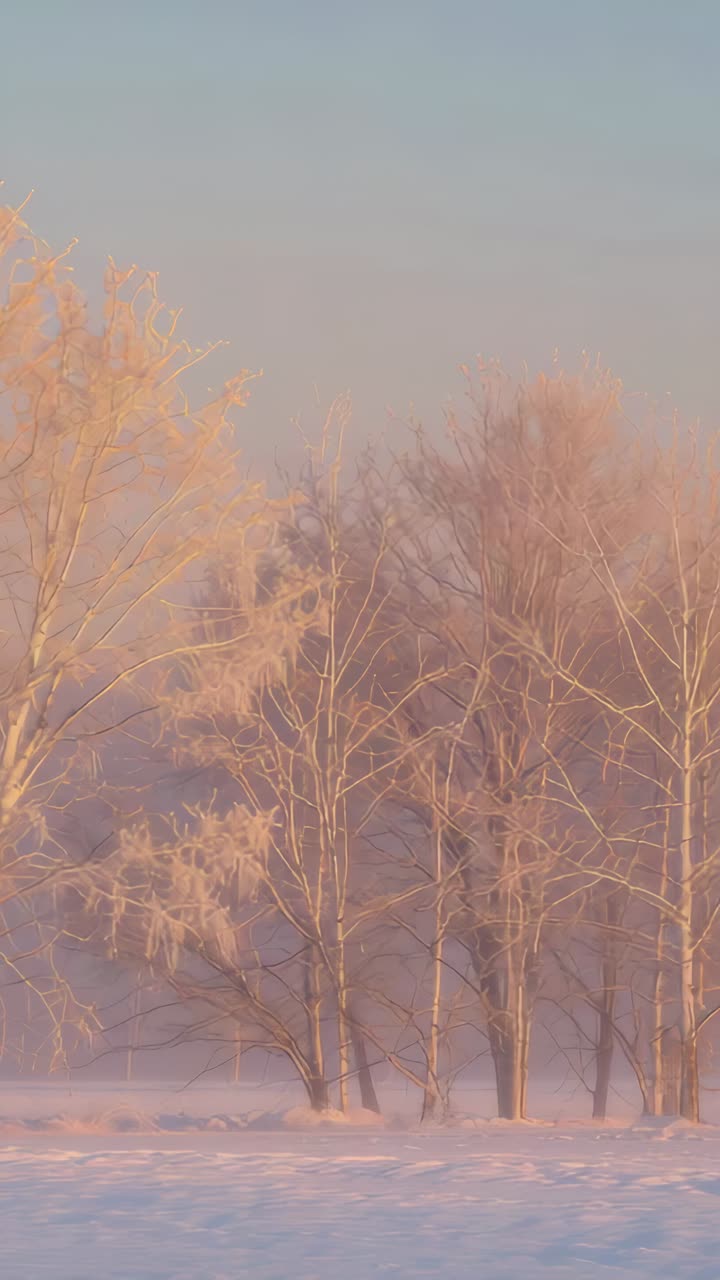 Vertical video: Panning camera revealing frosted birch in snowy field, showing mist and pink light