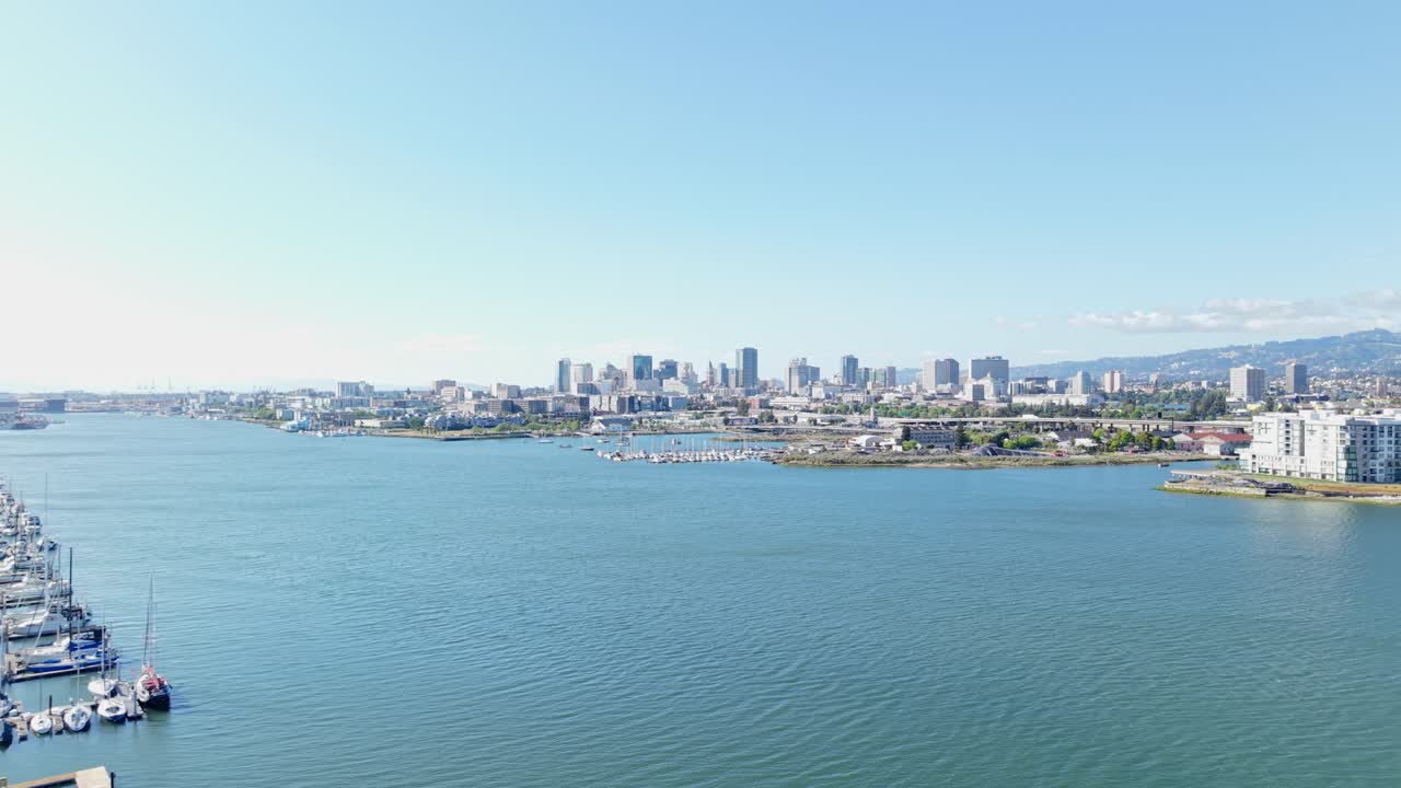An aerial panning shot of the Inner Harbor between Alameda and Oakland California's Embarcadero.