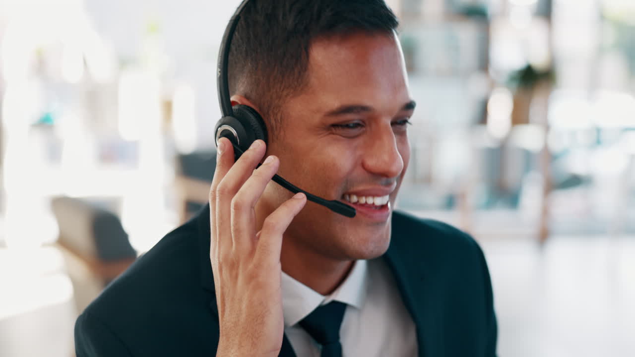 Businessman, call center and face consulting