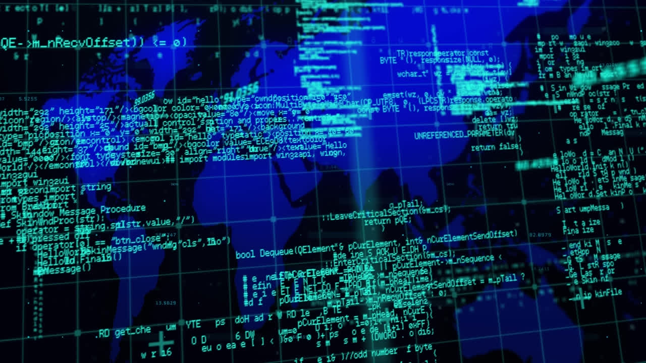 animación del procesamiento de datos a través de la red de red contra el mapa del mundo en fondo negro.