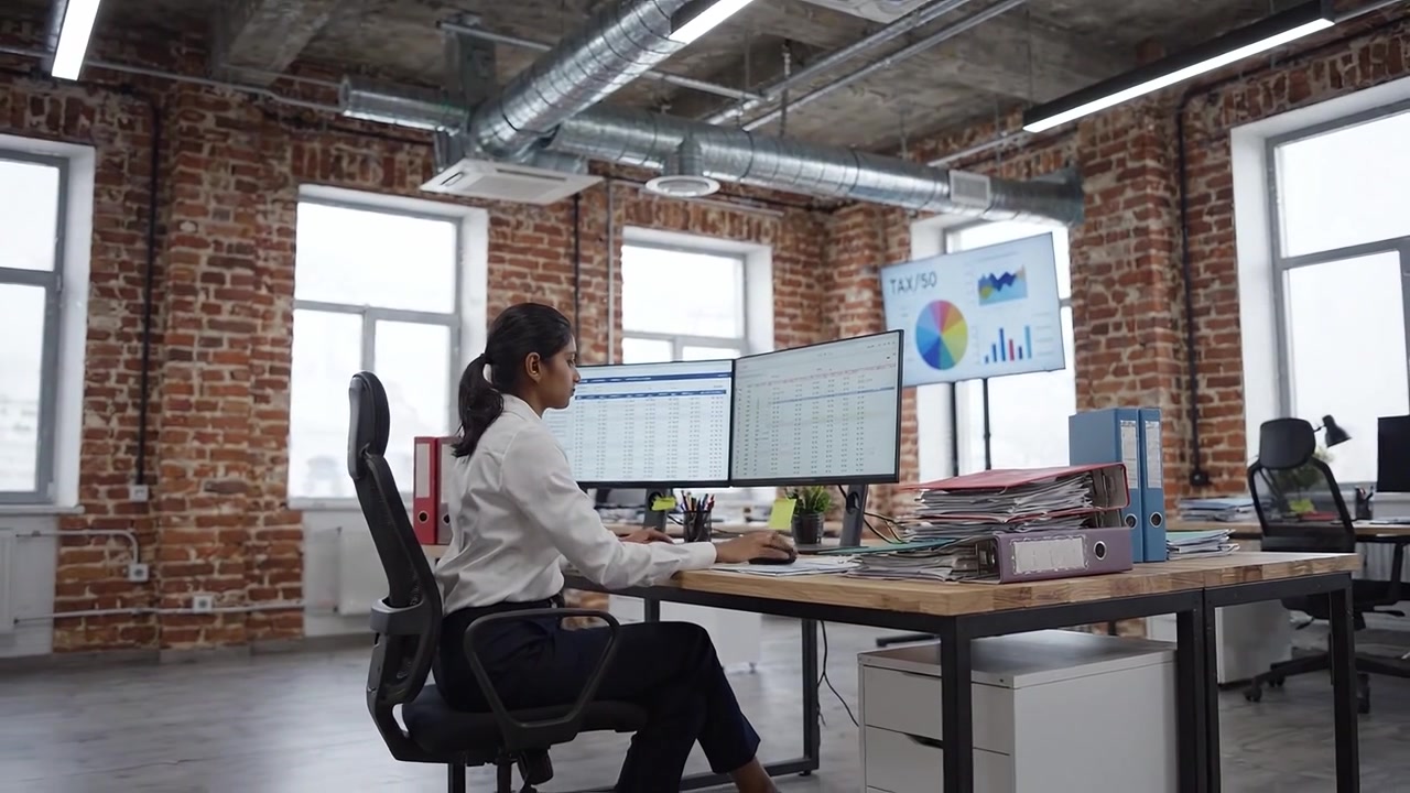 Professional Businesswoman Analyzing Data on Dual Monitors in a Modern Office Environment with Exposed Brick Walls and Contemporary Workspace Design