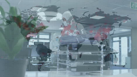 animation of world map turning red with man disinfecting the office