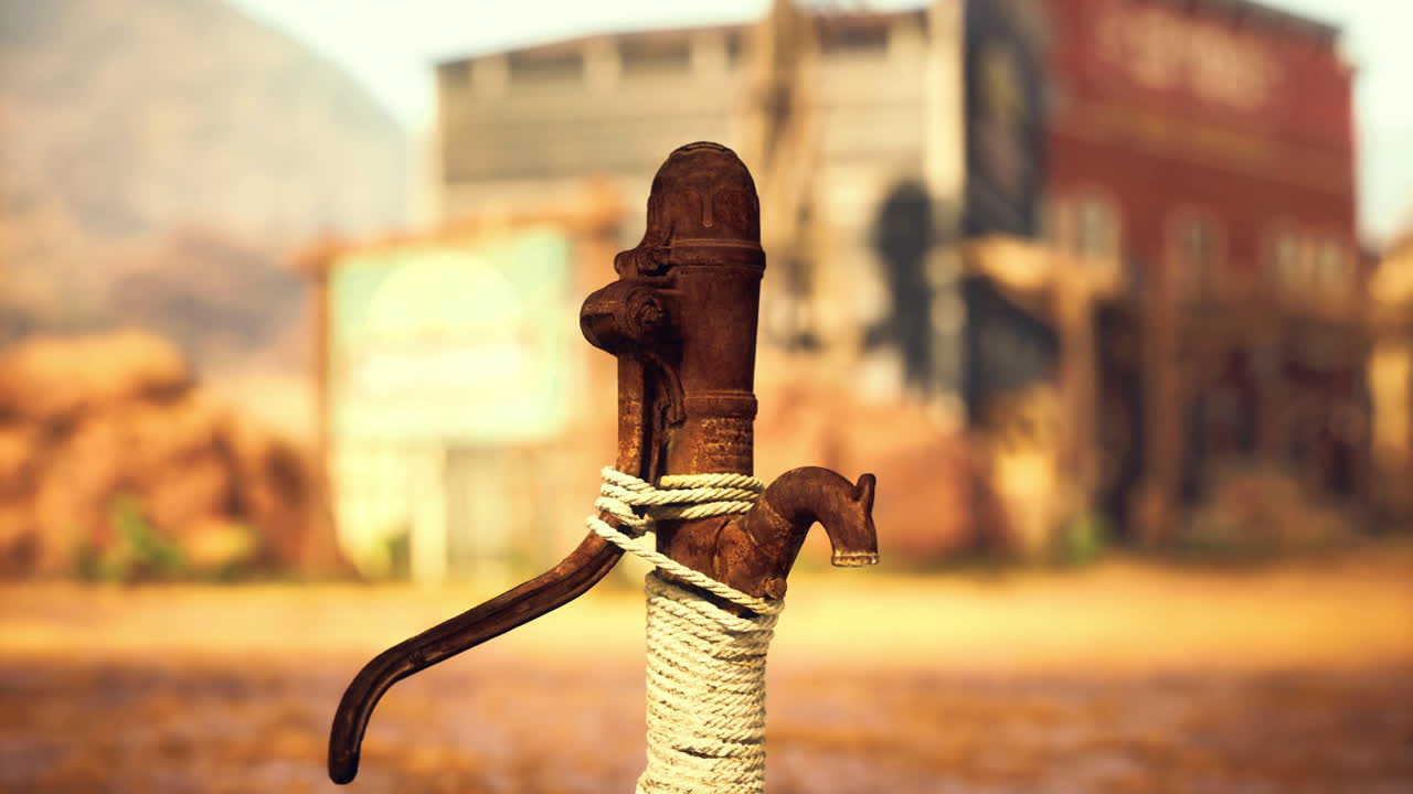 Old water pump with rope surrounded by rustic buildings in desert sunlight