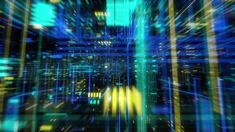 Flying through technological abstract matrix hologram digital data.