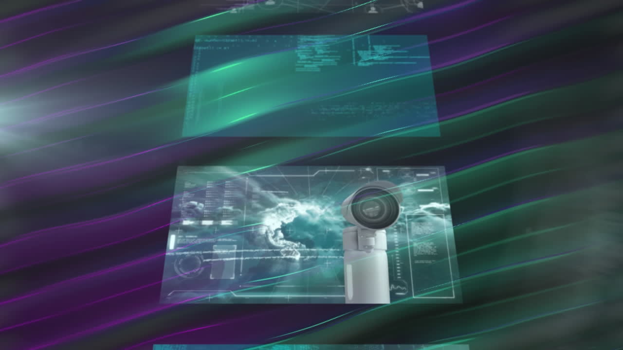 animación del procesamiento de datos en pantallas sobre un fondo de rastros de luz verde y púrpura