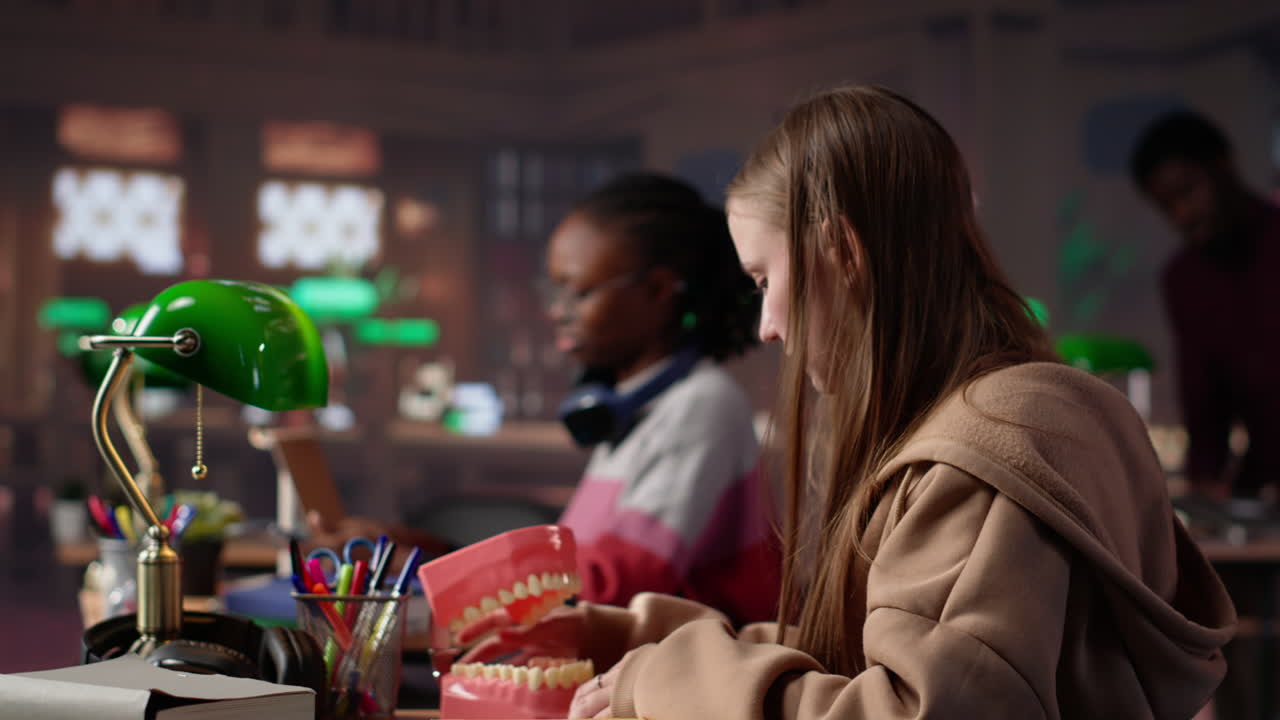 Vertical video african american future dentist examines a plastic model of human teeth