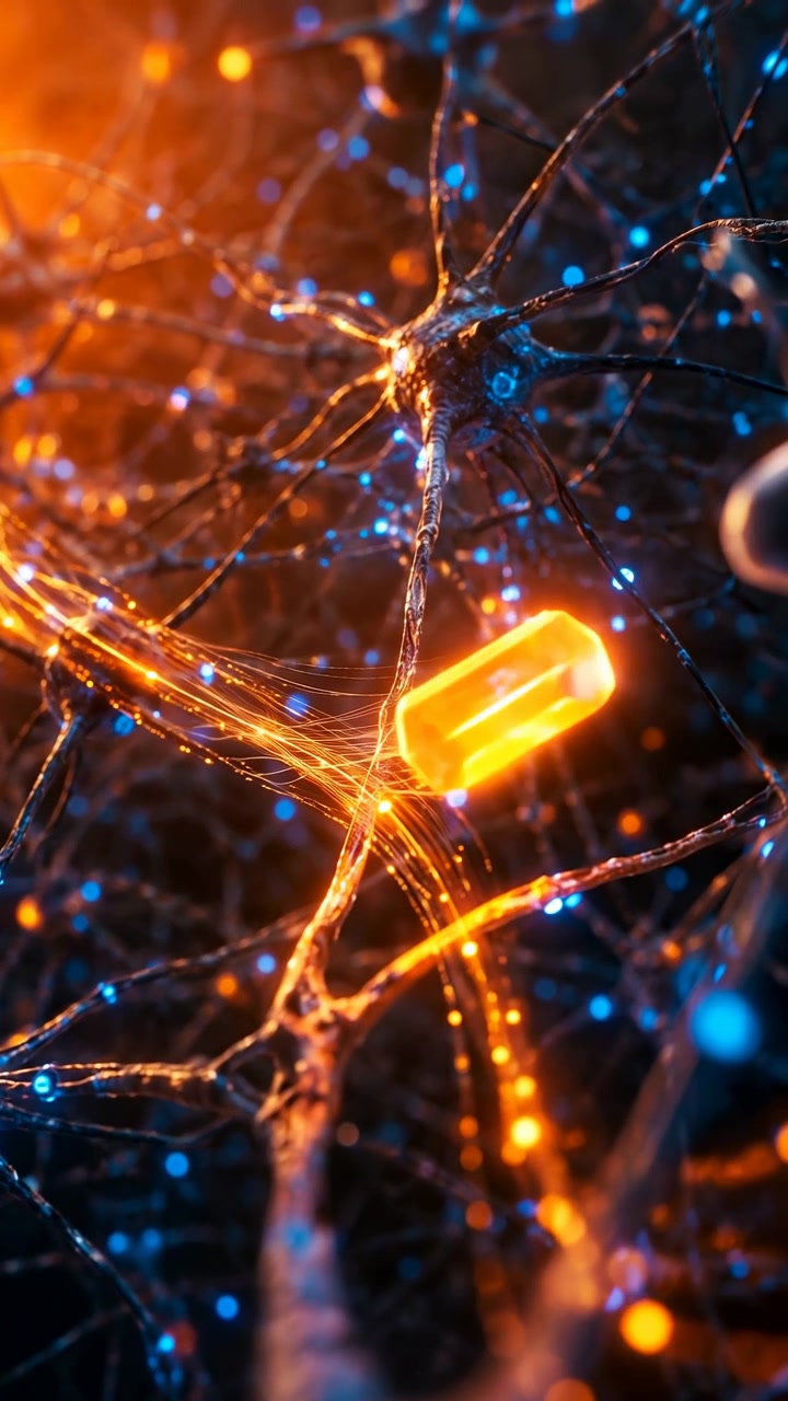 Bright orange illuminated lines travel over textured dark surface with blue accents, showing abstract motion, layered reflections, high contrast lighting and close composition with vivid details.
