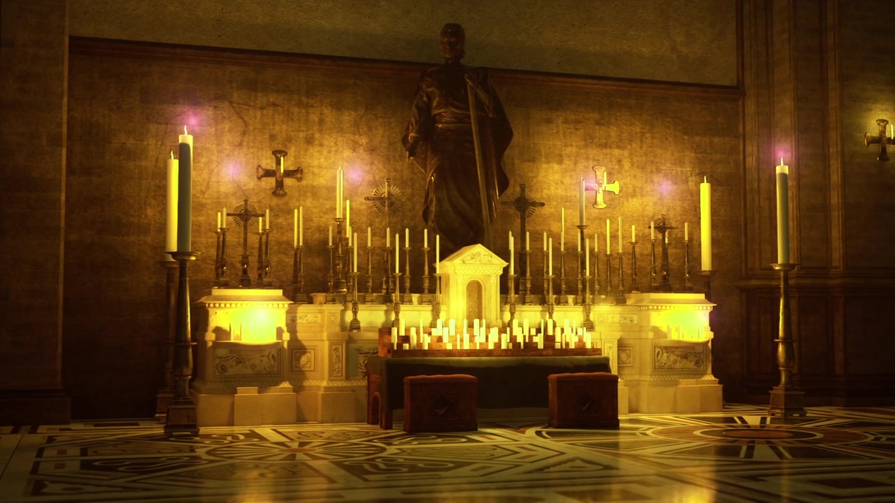 Ambiente commemorativo con candele votive luminose e pietre dalla superficie ruvida.