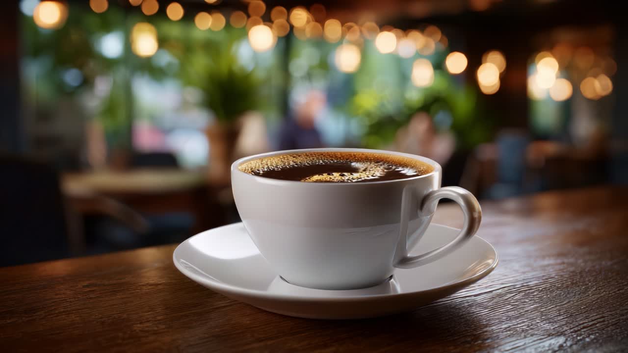 Primo piano di una tazza di caffè fumante su un tavolo di legno, con un'accogliente atmosfera da bar piena di luci calde e dettagli di sfondo sfocati