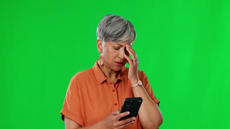 Senior-woman,-phone-scam-and-green-screen