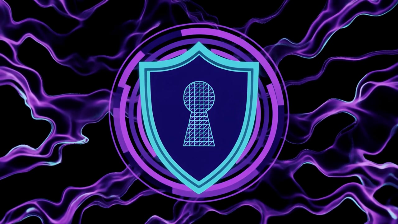 Animated Digital Security Shield with Keyhole on Abstract Energy Background